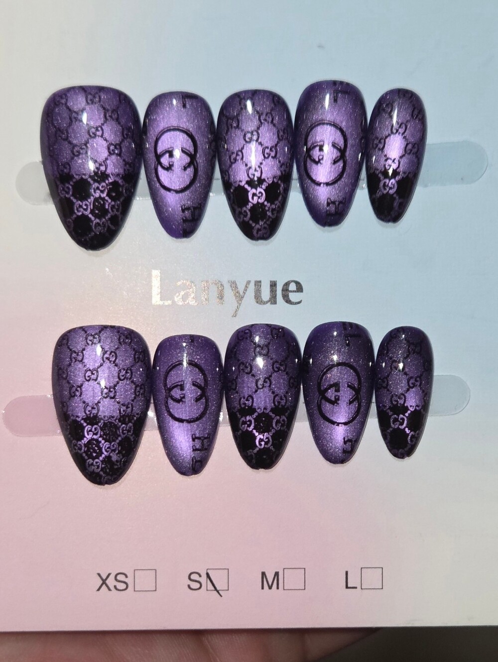 GG Luxury Purple/Black Almond Designer Handmade Press On Nails